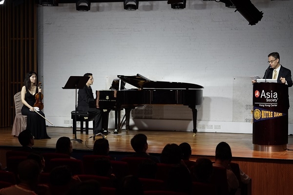 L to R: Tricia Park, Daniel Schlosberg and Prof. Peter H. Smith from the University of Notre Dame giving a lecture recital on the music by Schumann and Brahms at Asia Society Hong Kong's Miller Theatre.