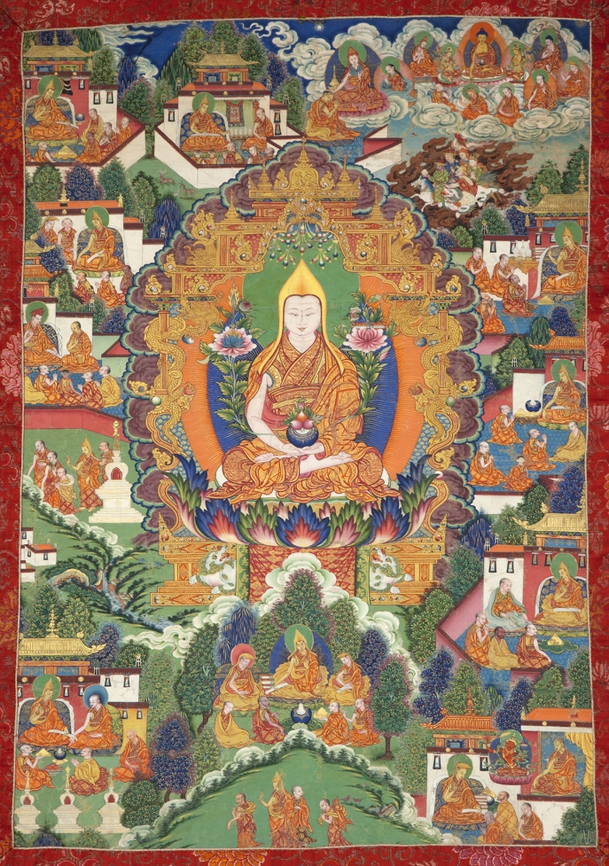 Tsongkhapa and Scenes from His Life. 18th century. India. Tradition: Gelug. Pigments on cloth. MU-CIV/MAO "Giuseppe Tucci," inv. 890/723. Image courtesy of the Museum of Civilisation/Museum of Oriental Art "Giuseppe Tucci," Rome.