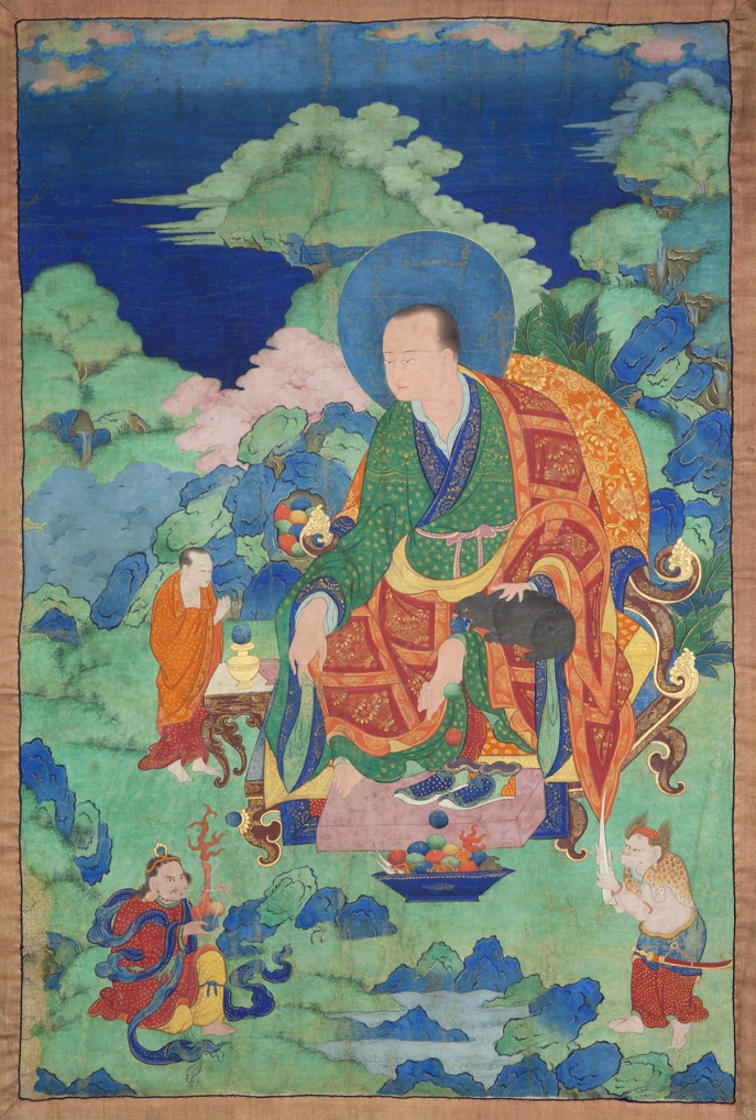 Bakula Arhat. 17th century. Possibly Kham (East Tibet). Tradition: Gelug. Pigments on cloth. MU-CIV/MAO "Giuseppe Tucci," inv. 928/761. Placement as indicated on verso: 2nd from right. Image courtesy of the Museum of Civilisation/Museum of Oriental Art "Giuseppe Tucci," Rome.