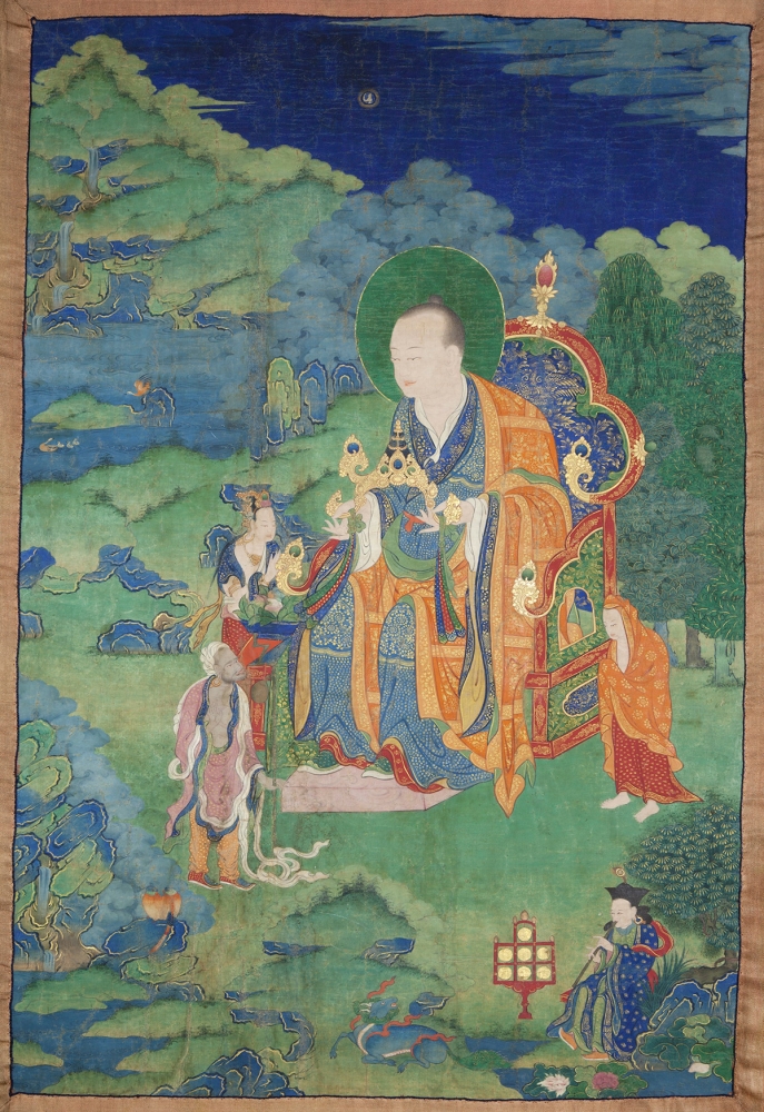 Rahula Arhat. 17th century. Possibly Kham (East Tibet). Tradition: Gelug. Pigments on cloth. MU-CIV/MAO "Giuseppe Tucci," inv. 929/762. Placement as indicated on verso: 1st from left. Image courtesy of the Museum of Civilisation/Museum of Oriental Art "Giuseppe Tucci," Rome.