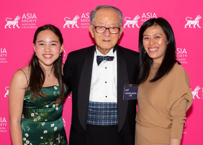 Asia Game Changer West Award Honorees Chong-Moon Lee, Tammy Ma, and Mina Fedor, Executive Director of AAPI Youth Rising pose for a photo in front of an Asia Society Northern Californa step and repeat. 