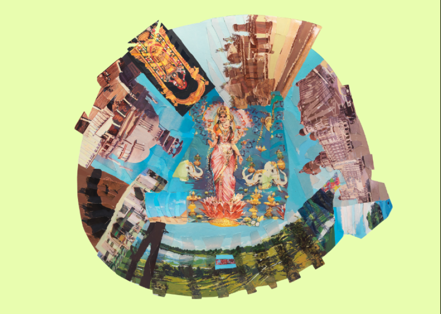 Howardena Pindell. Autobiography: India (Lakshmi), 1984. Mixed media collage on paper. 18 x 20 1/2 x 2 inches (45.7 x 52.1 x 5.1 cm). Courtesy of the artist and Garth Greenan Gallery, New York.