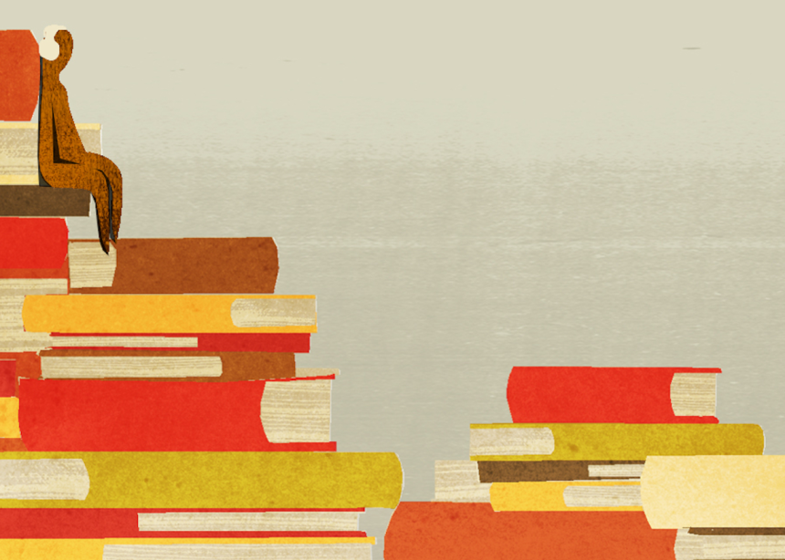 Illustration people sitting on books listening to headphones