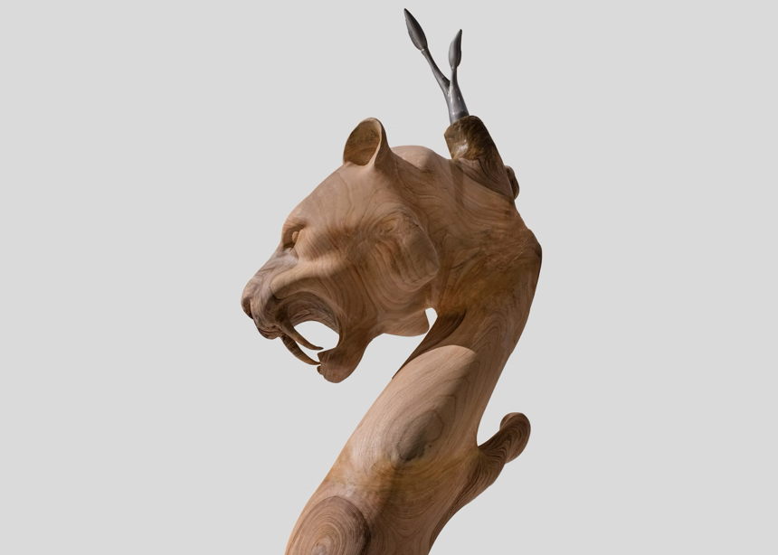 Sculpture False Sense of Self  2024, 95 x 70 x 190cm  Camphor wood, aluminum by Maggie Menghan Chen