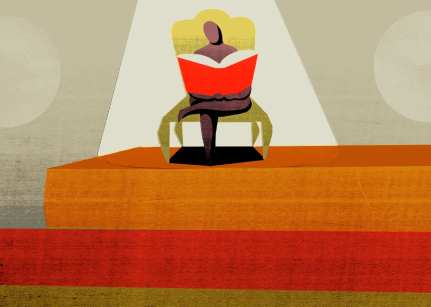 Illustration of figure in a chair reading a book, on a stack of books.