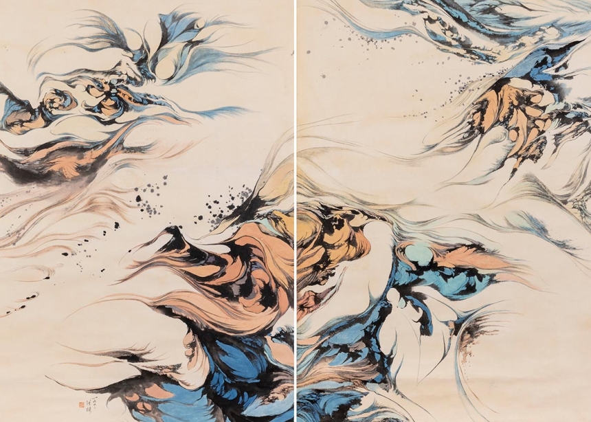Hung Hsien, 'Floating without End', 1970. Diptych, ink and color on paper.