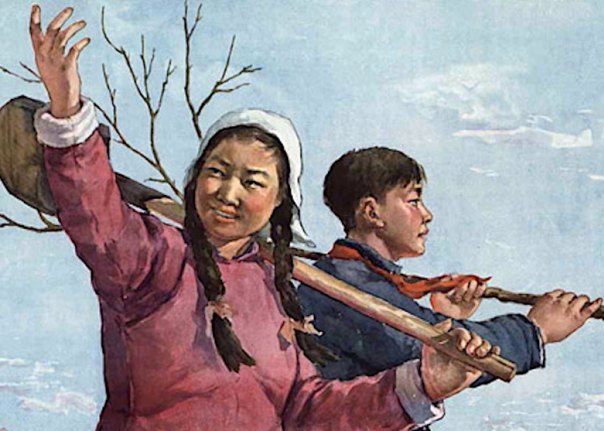 Illustration of two chinese young adults planting a tree