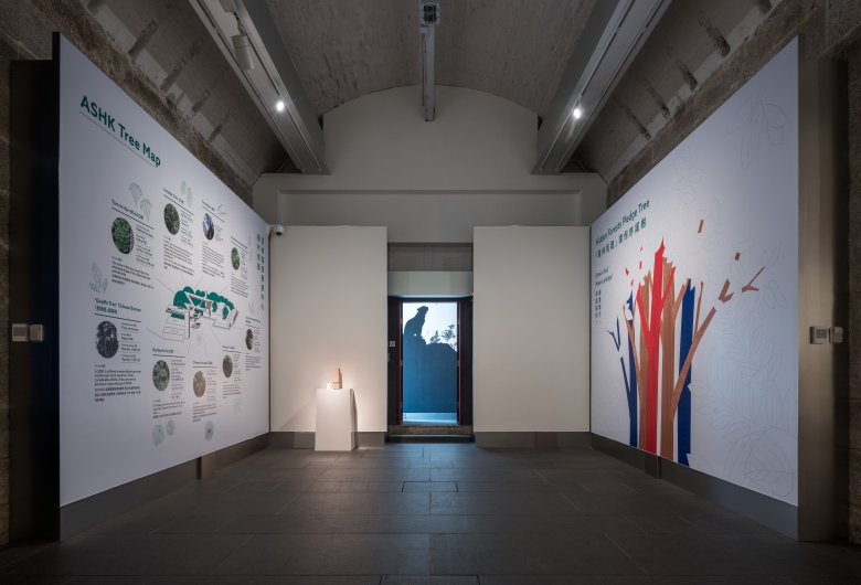 A view of a gallery chamber with infographics on walls. 