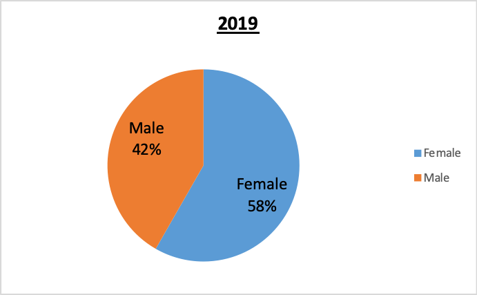 501(c)(3) staff Gender Pie Chart 2019 58% Female, 42% Male