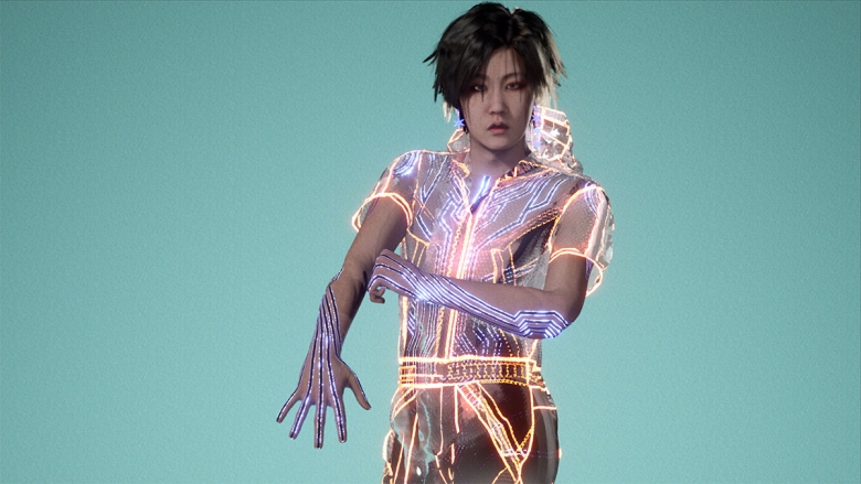 An image of the non-binary digital avatar Dokusho Dokushi (aka Doku). Their outfit is lined with bright, electric-looking patterns. They gaze out at the viewer with one hand outstretched and the other angled across their body.