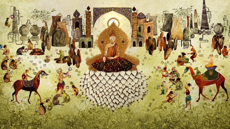 Still frame from "Lotus," a single-channel animation featuring a sitting Buddha surrounded by objects of war and chaos, including bombs, grenades, and other explosives.