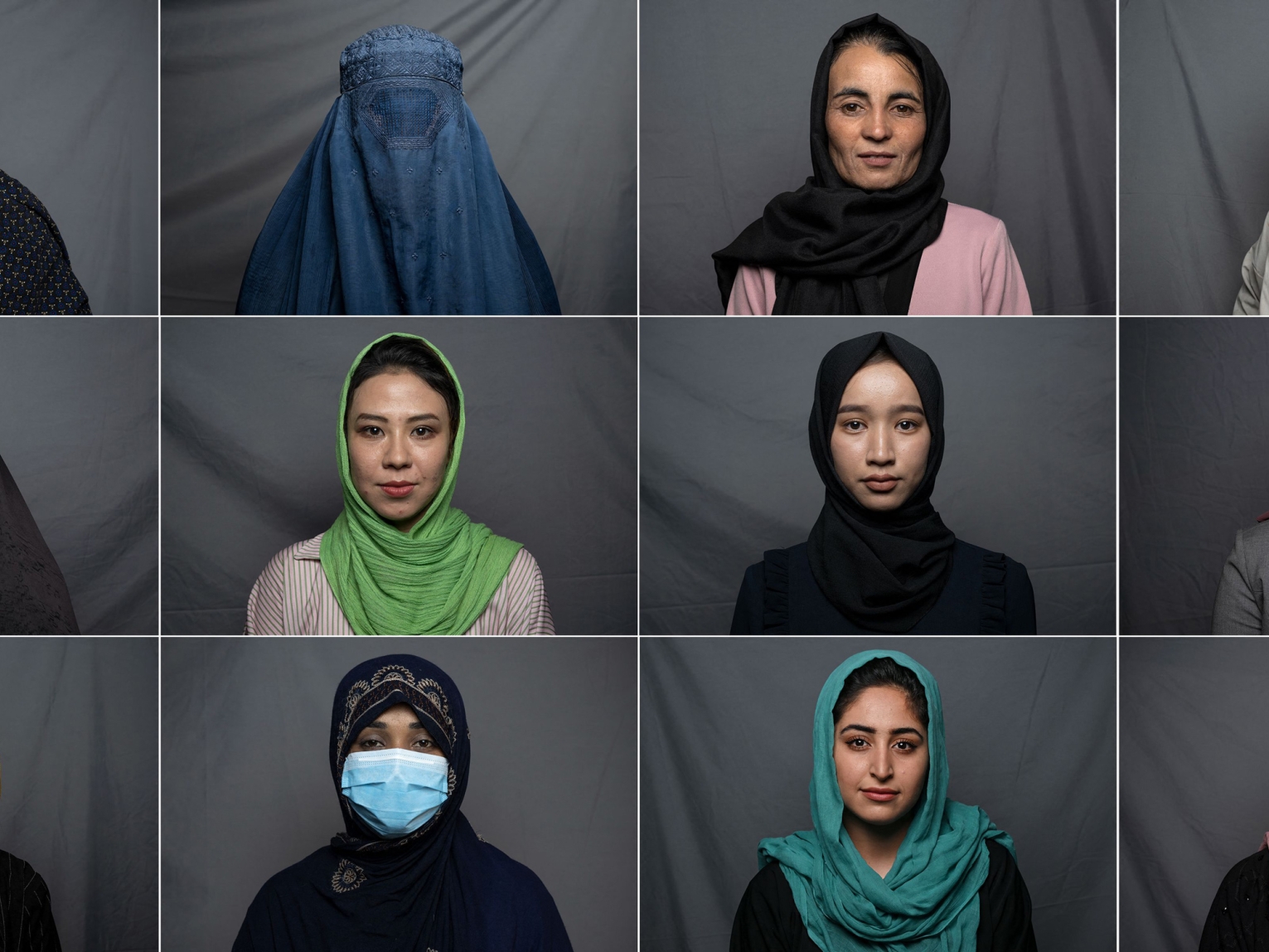 This combination of photos created on August 9, 2022, shows women posing for portraits in different cities in Afghanistan.