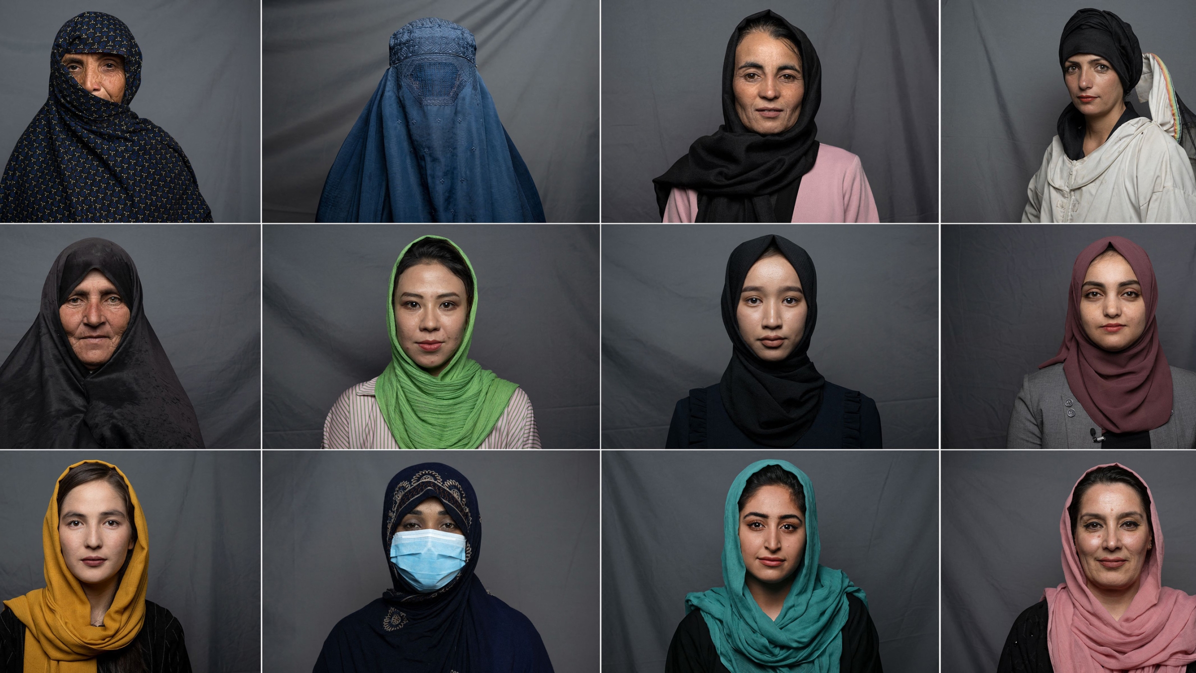 This combination of photos created on August 9, 2022, shows women posing for portraits in different cities in Afghanistan.